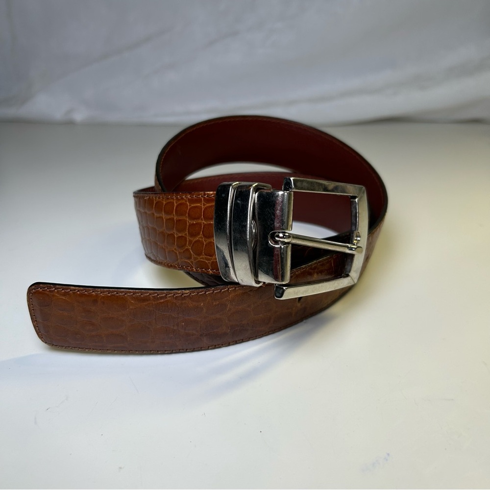 Vintage Nanni Italian Brown Leather Lizard Snake Skin Croc Embossed Belt Size 32